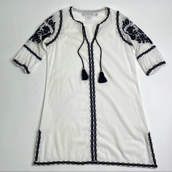 GRETCHEN SCOTT White Navy Tassel Embroidered Floral Cotton Cleopatra Tunic Dress - Picture 1 of 15